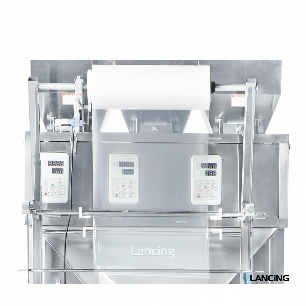 Detail of a Lancing VFFS pouch filling machine used for packaging-material trial guidance
